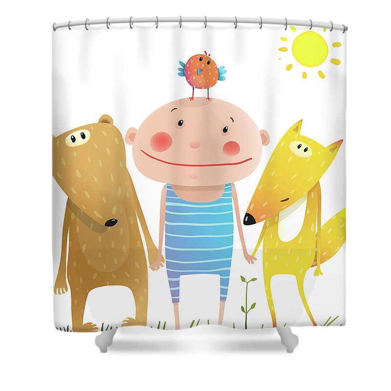 Art Shower Curtain featuring the digital art Animals And Child Friends Fox Bear Bird by Popmarleo