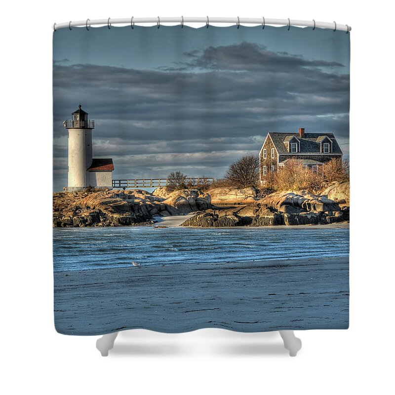 Annisquam Lighthouse Shower Curtain featuring the photograph Annisquam Lighthouse From The Beach by Liz Mackney