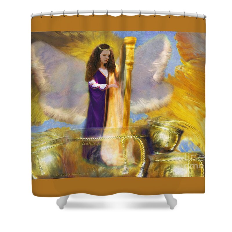 Angel Shower Curtain featuring the digital art Angel Harp and Bowl by Constance Woods