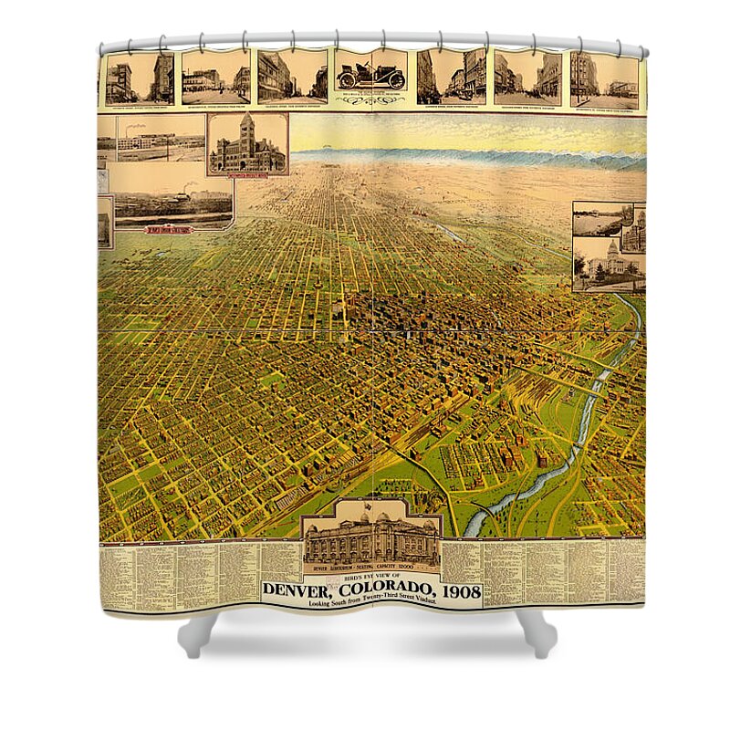 Map Shower Curtain featuring the drawing Antique Bird's-Eye View Map of Denver 1908 by Mountain Dreams