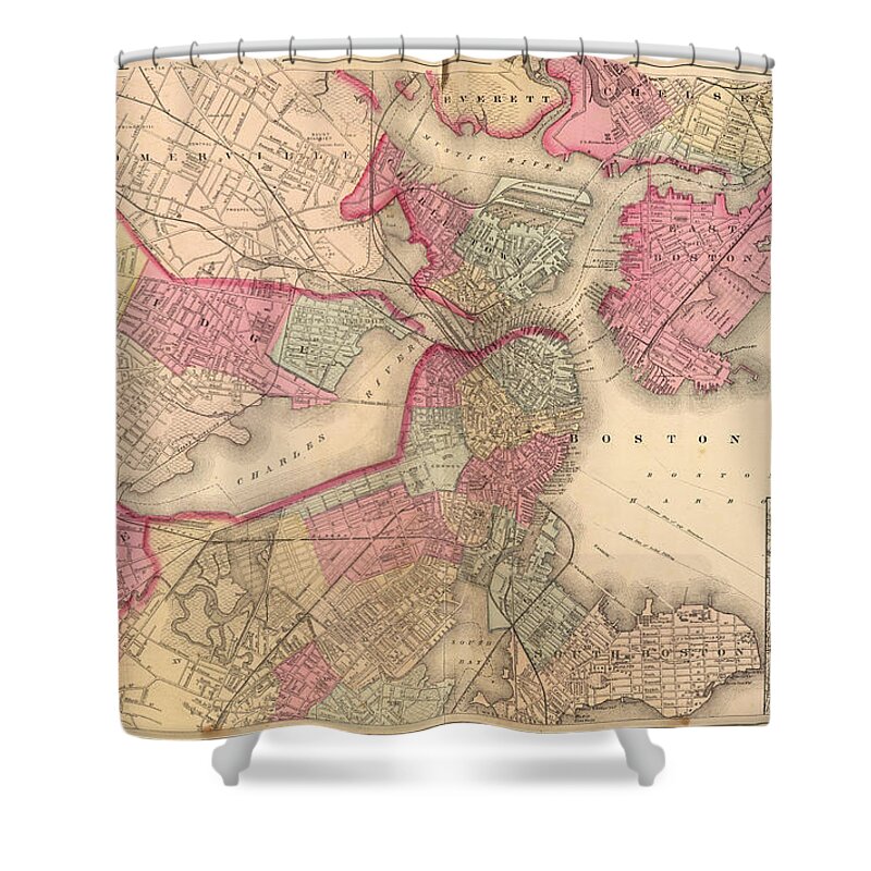 Vintage Shower Curtain featuring the photograph Antique Map of Boston - 1871 by Georgia Clare