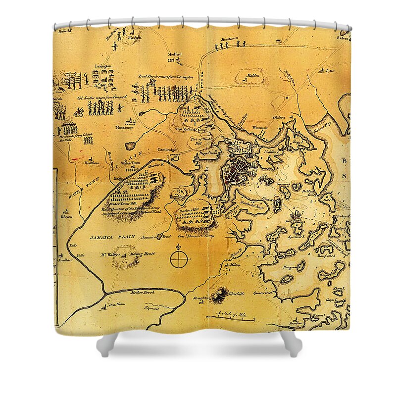Map Shower Curtain featuring the drawing Antique Map of the Battles of Lexington and Concord 1775 by Mountain Dreams