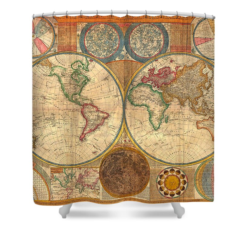 Map Shower Curtain featuring the drawing Antique World Map in Hemispheres 1794 by Mountain Dreams