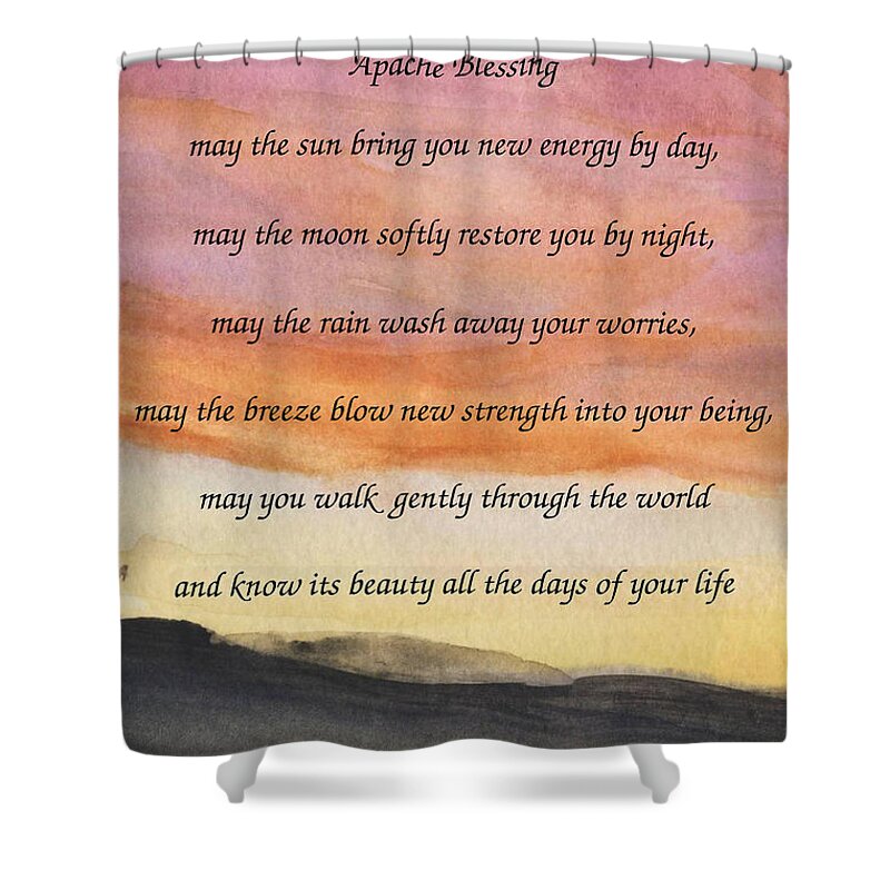 Apache Blessing Shower Curtain featuring the painting Apache Blessing with Sunset by Linda Feinberg
