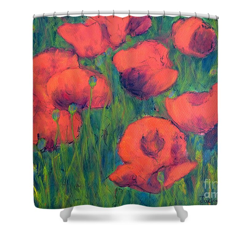 Poppies Shower Curtain featuring the painting April Poppies 2 by Jackie Sherwood