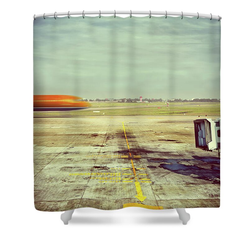 Tranquility Shower Curtain featuring the photograph Apron Of Airport, Jetbridge And Moving by Elisabeth Schmitt