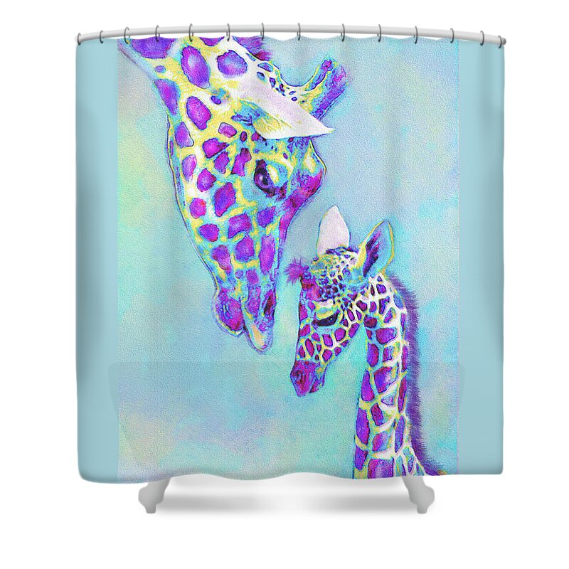 Jane Schnetlage Shower Curtain featuring the digital art Aqua And Purple Loving Giraffes by Jane Schnetlage
