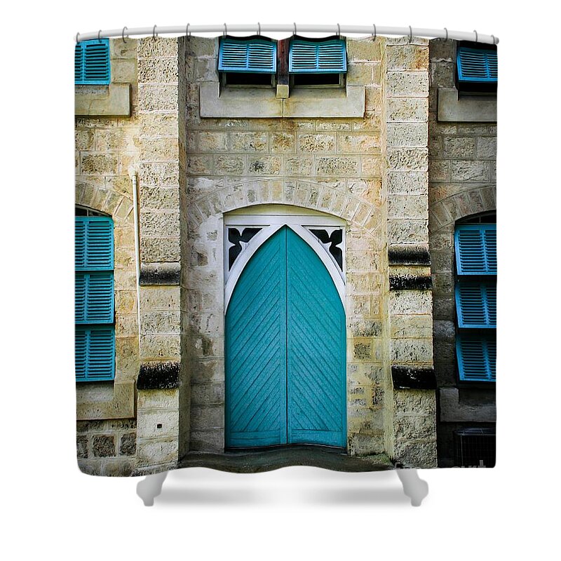 Door Shower Curtain featuring the photograph Aqua Door by Perry Webster