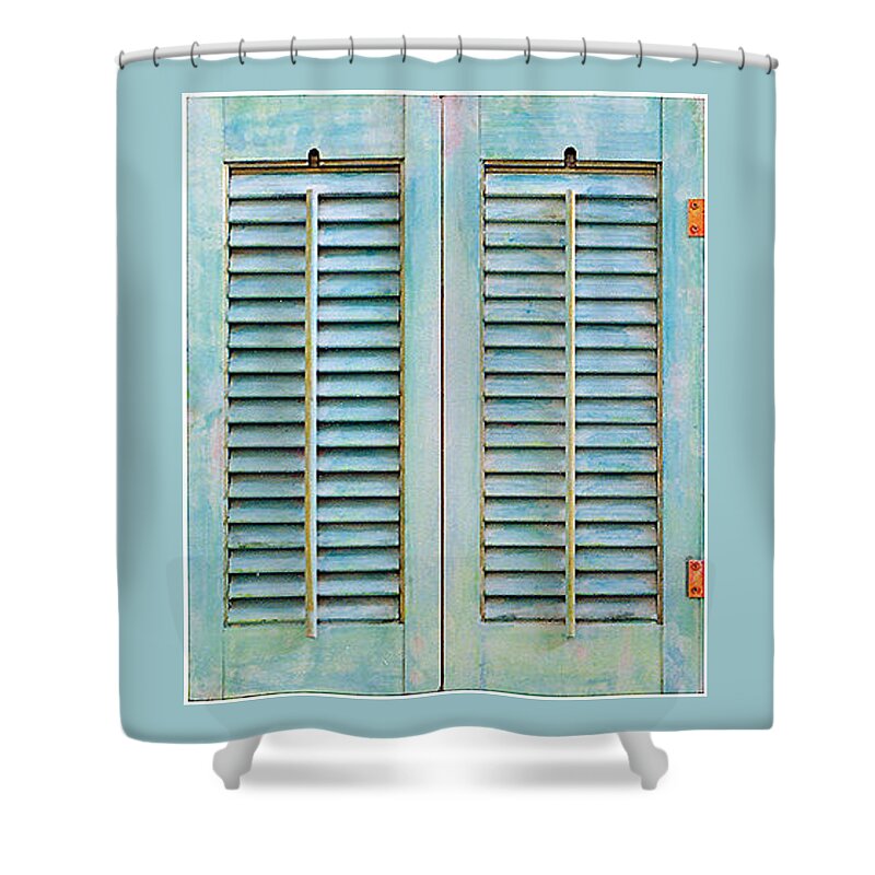 Painted Window Shutters Shower Curtain featuring the painting Aqua Shutters by Asha Carolyn Young