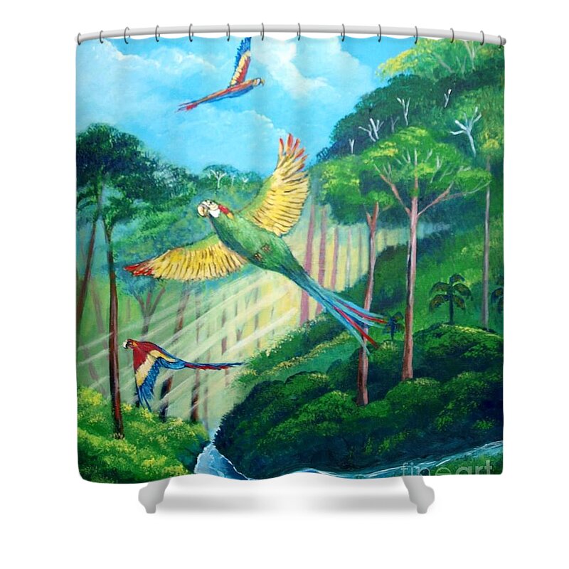 Aras Shower Curtain featuring the painting Aras on the forest by Jean Pierre Bergoeing