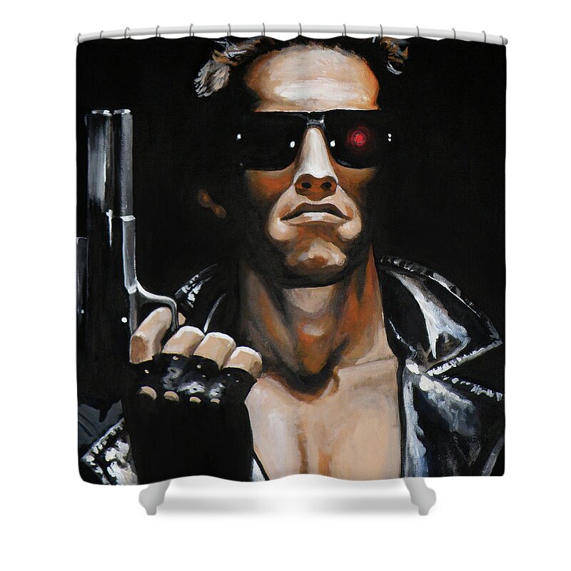 Arnold Schwarzenegger Shower Curtain featuring the painting Arnold Schwarzenegger - Terminator by Tom Carlton