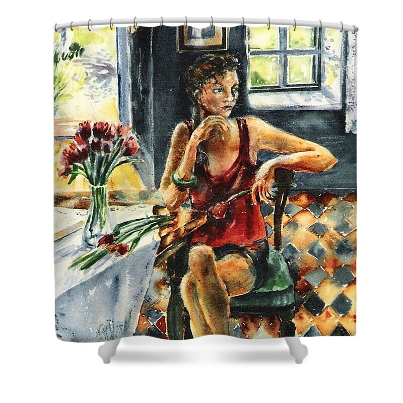 Spring Sunshine Shower Curtain featuring the painting Arranging Red Tulips  by Trudi Doyle