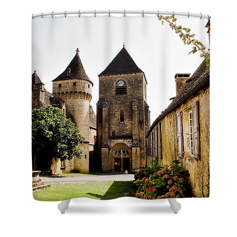 Saint Genies Shower Curtain featuring the photograph Asymmetric Tower and church of Saint Genies Perigord by Weston Westmoreland