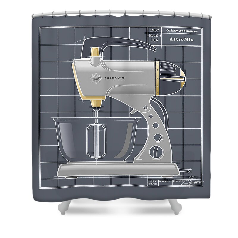 Mid Century Shower Curtain featuring the drawing AstroMix - pewter by Larry Hunter