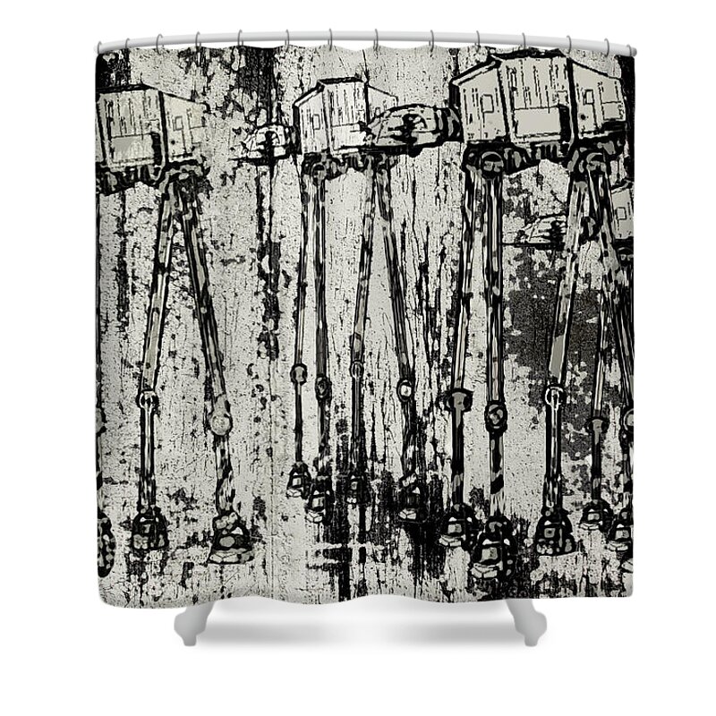 Concrete Shower Curtain featuring the digital art At - At Herd by No Alphabet