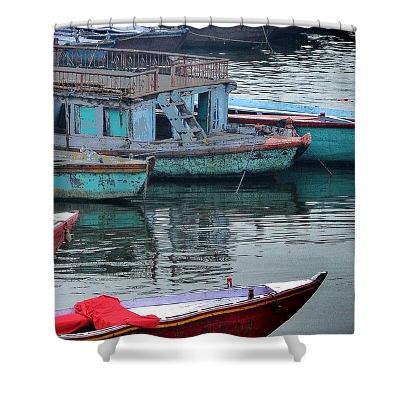 Varanasi Shower Curtain featuring the photograph At the Docks II - Varanasi India by Kim Bemis