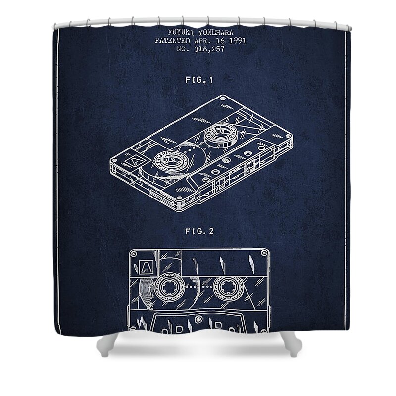 Audio Casssette Shower Curtain featuring the digital art Audio Cassette Patent from 1991 - Navy Blue by Aged Pixel