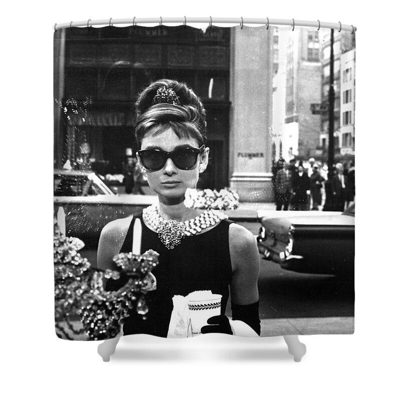 Audrey Hepburn Shower Curtain featuring the digital art Audrey Hepburn Breakfast at Tiffany's by Georgia Clare