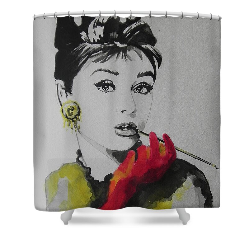 Watercolor Painting Shower Curtain featuring the painting Audrey Hepburn by Chrisann Ellis