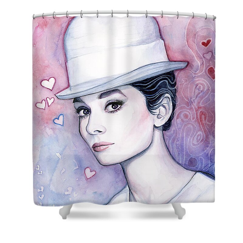 Audrey Shower Curtain featuring the painting Audrey Hepburn Fashion Watercolor by Olga Shvartsur