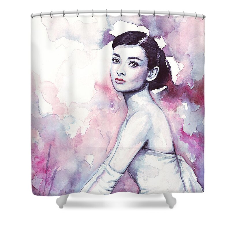 Fashion Watercolor Shower Curtain featuring the painting Audrey Hepburn Portrait by Olga Shvartsur
