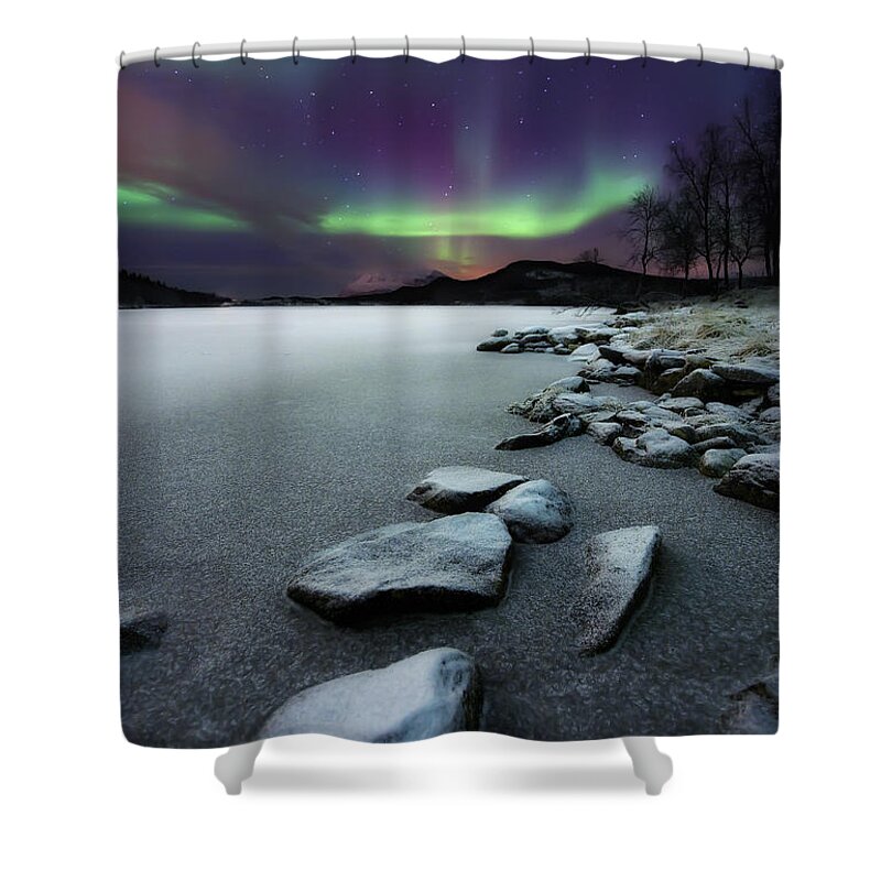 Aurora Borealis Shower Curtain featuring the photograph Aurora Borealis Over Sandvannet Lake by Arild Heitmann