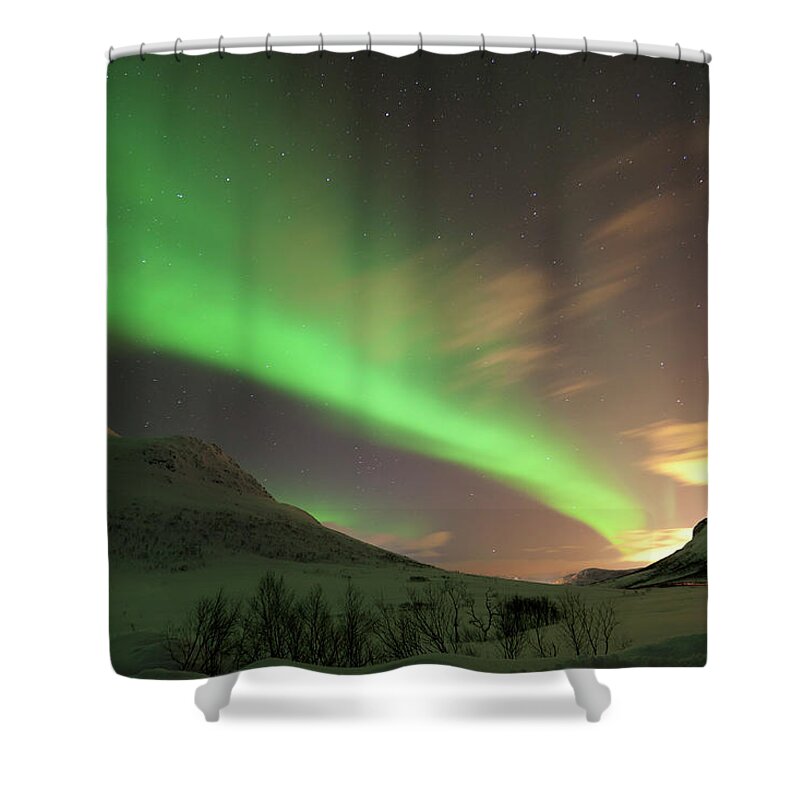 Extreme Terrain Shower Curtain featuring the photograph Aurora Borealis Over Tromso by Antonyspencer