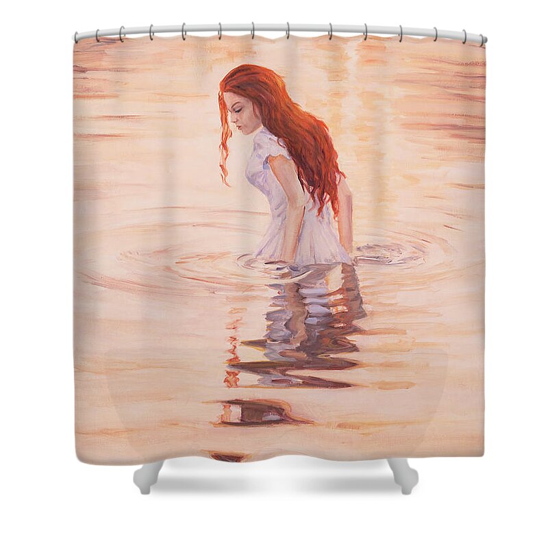 Water Girl Sunrise Bath New Day Reflection Red Hair Shower Curtain featuring the painting Aurora by Marco Busoni