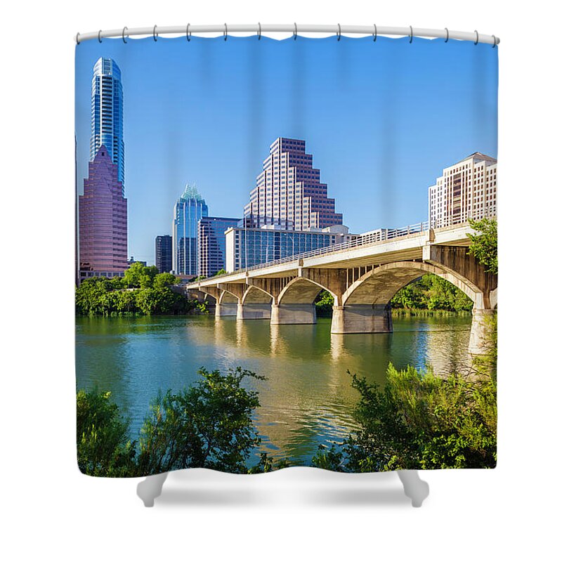 Water's Edge Shower Curtain featuring the photograph Austin Texas Skyline And Congress by Dszc