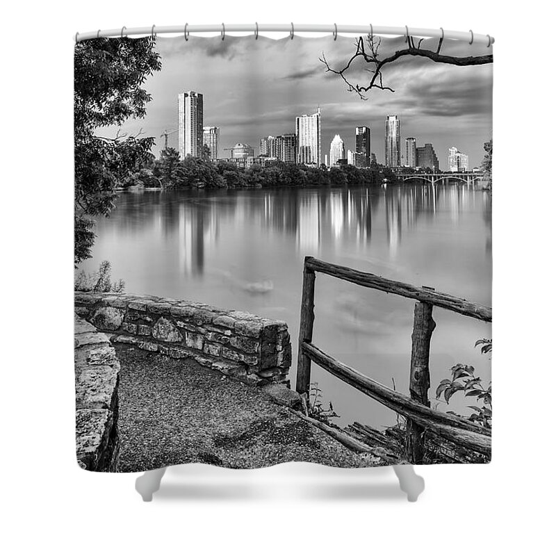 Downtown Shower Curtain featuring the photograph Austin Texas Skyline Lou Neff Point in Black and White by Silvio Ligutti