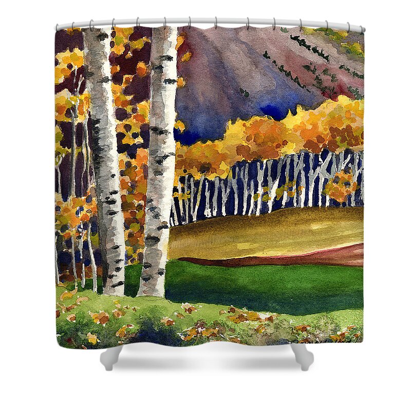 Fall Tree Painting Shower Curtain featuring the painting Autumn Aspens by Anne Gifford