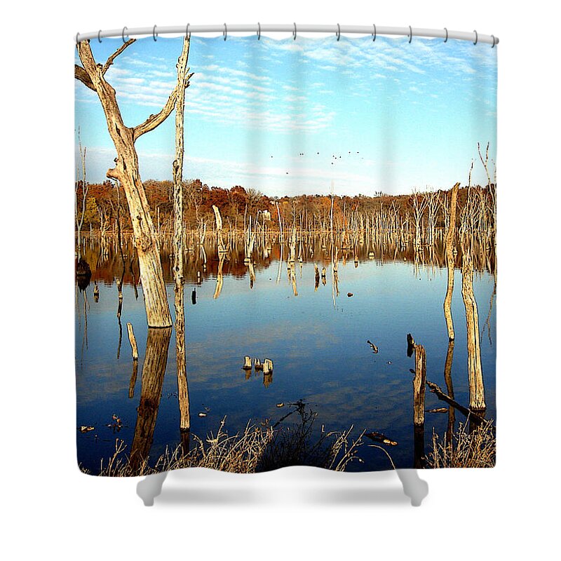 Lake Shower Curtain featuring the photograph Autumn at Lake Jacomo 3  by Ellen Tully