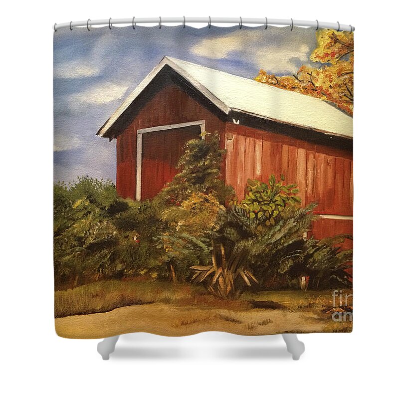 Autumn Orange Red Yellow Barn Ohio Barn Shower Curtain featuring the painting Autumn - Barn - Ohio by Jan Dappen