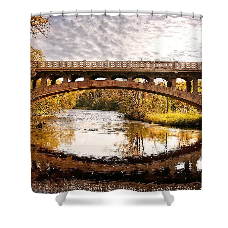 Autumn Bridge Shower Curtain featuring the photograph Autumn Bridge Landscape by Gwen Gibson