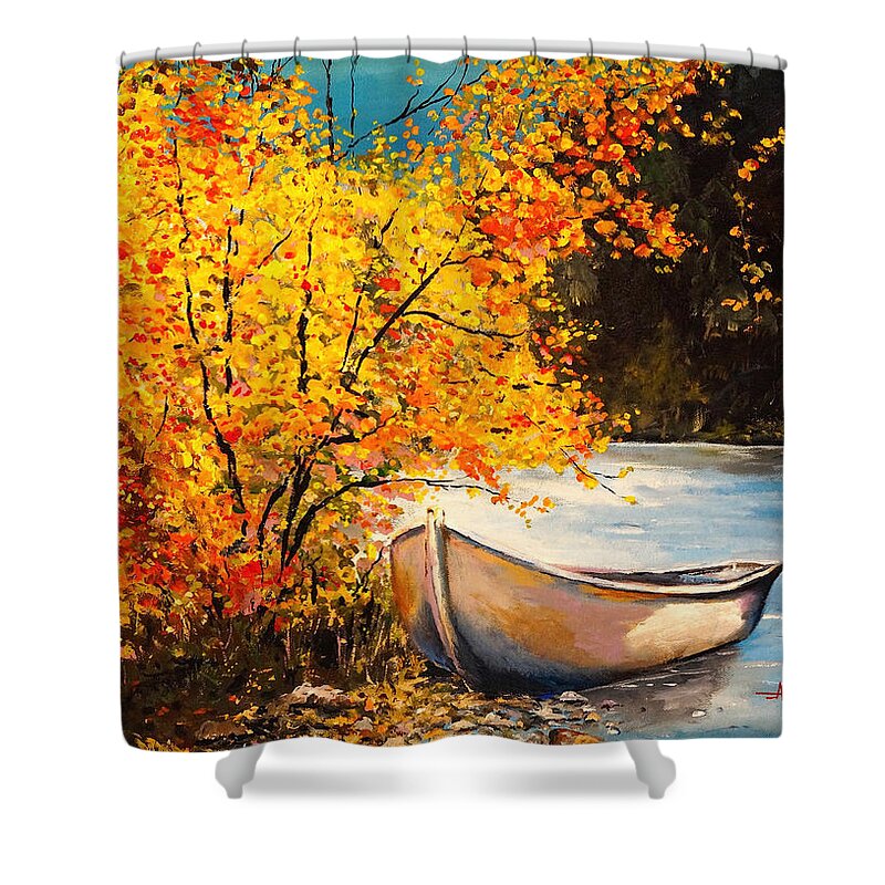 Landscape Shower Curtain featuring the painting Autumn Gold by Alan Lakin