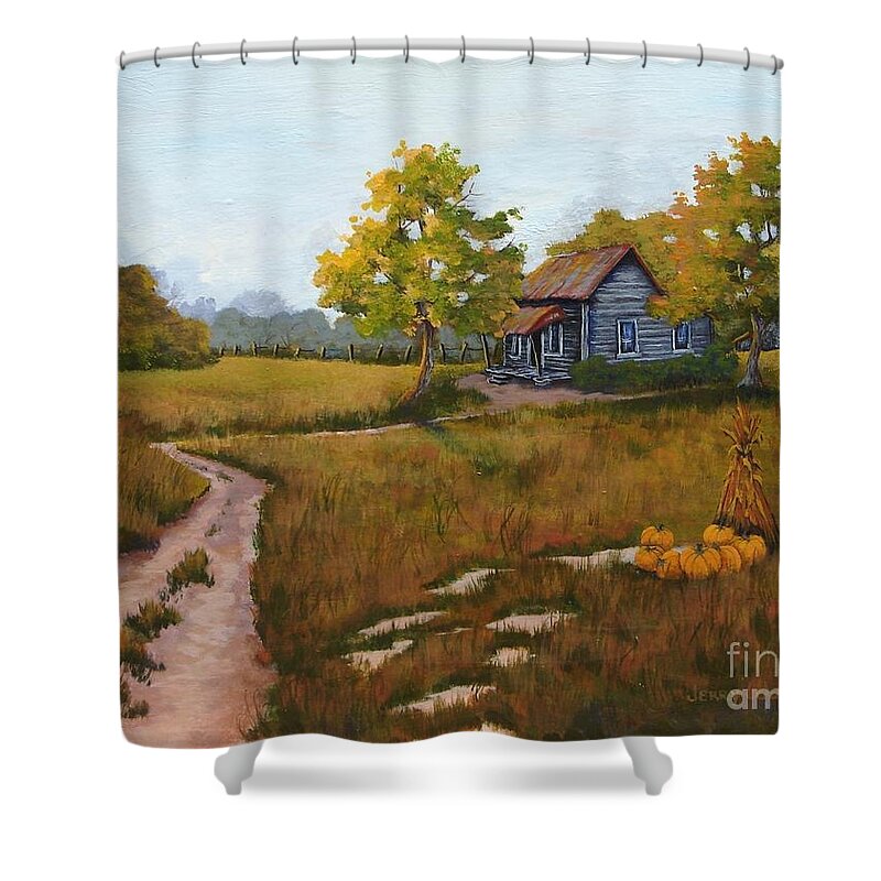 Landscape Shower Curtain featuring the painting Autumn Harvest by Jerry Walker