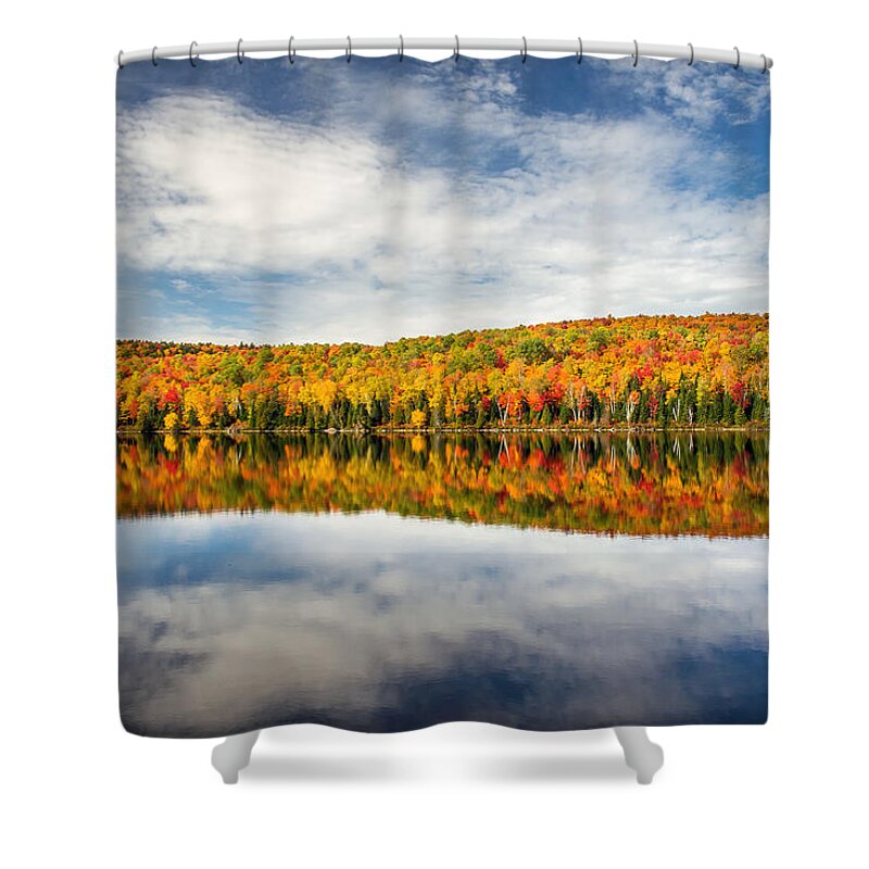 Autumn Shower Curtain featuring the photograph Autumn Lake Reflection by Pierre Leclerc Photography