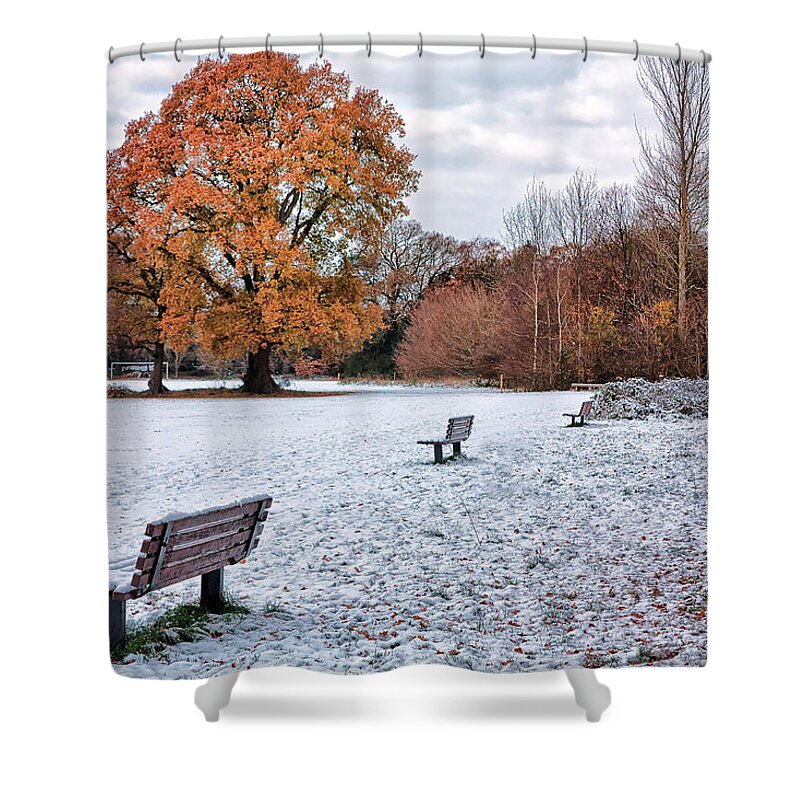 Shirley Mitchell Shower Curtain featuring the photograph Autumn meet Winter by Shirley Mitchell