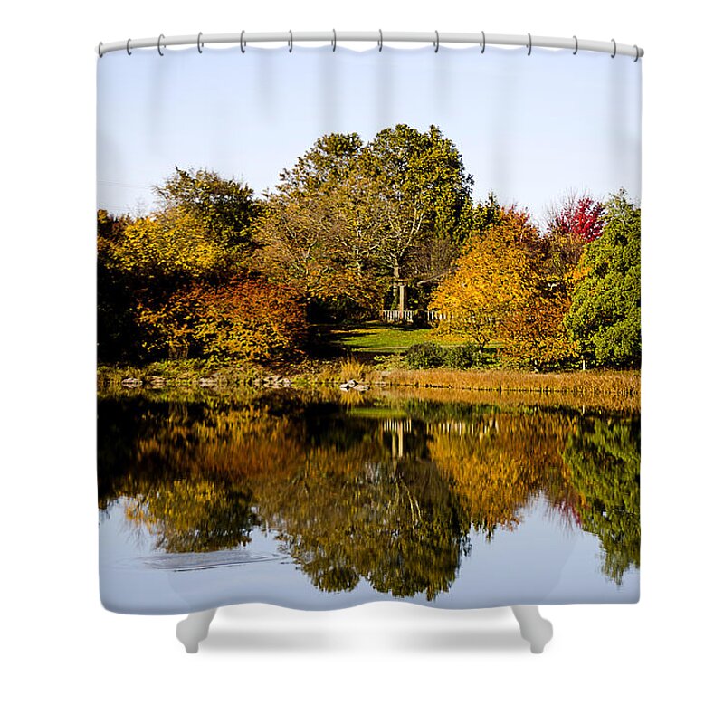 Autumn Shower Curtain featuring the photograph Autumn Reflection in the Garden by Julie Palencia