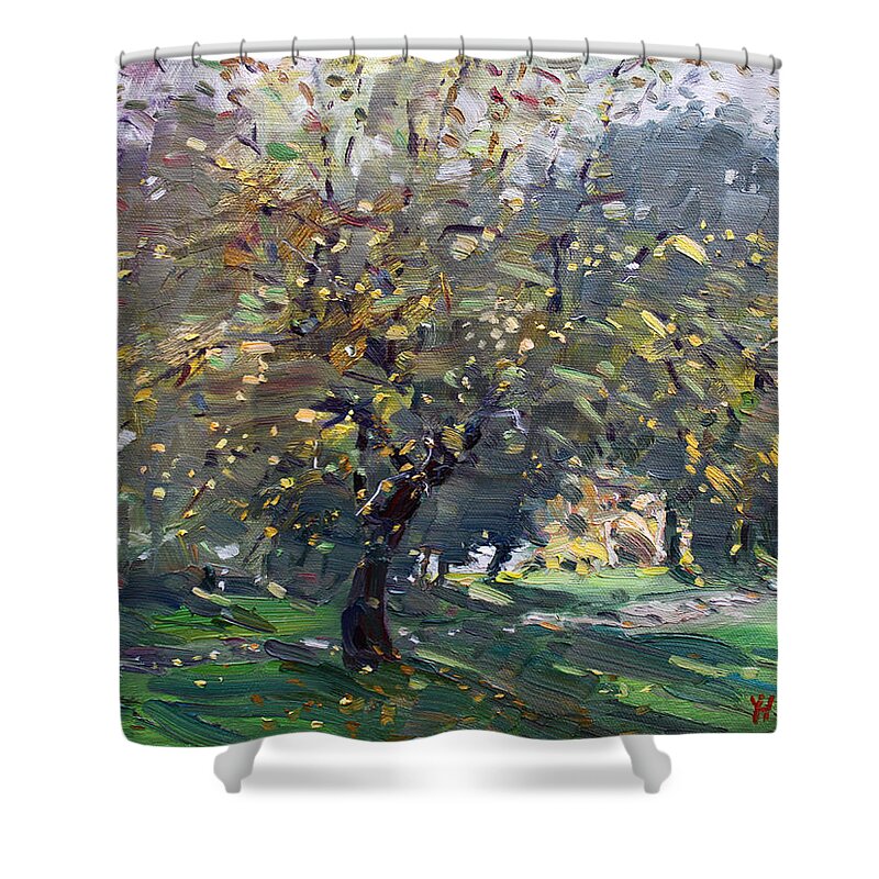 Landscape Shower Curtain featuring the painting Autumn by Ylli Haruni