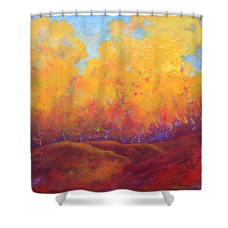 Autumn Shower Curtain featuring the painting Autumn's Blaze by Nancy Jolley