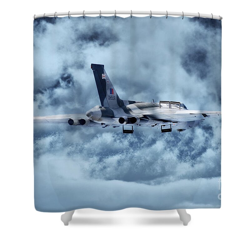 Vulcan Bomber Shower Curtain featuring the digital art Avro Vulcan Bomber XH558 by Airpower Art