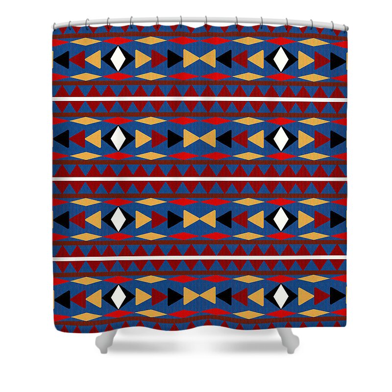 Aztec Shower Curtain featuring the mixed media Aztec Blue Pattern by Christina Rollo