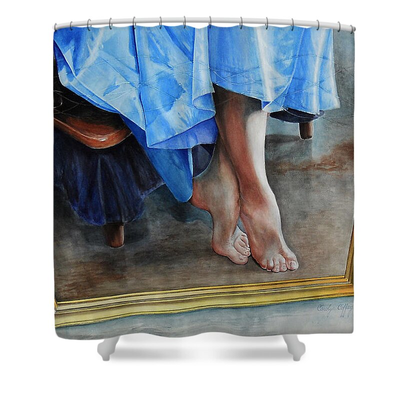 Art Shower Curtain featuring the painting Through the Looking Glass- A Vision in Azure, Prelude to a Dance by Carolyn Coffey Wallace
