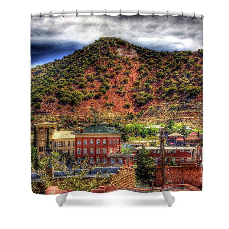B Shower Curtain featuring the photograph B Hill Over Historic Bisbee by Charlene Mitchell