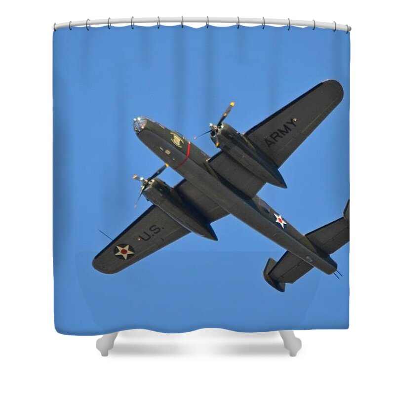 B-25 Shower Curtain featuring the photograph B25 Mitchell WWII Bomber on 70th Anniversary of Doolittle Raid over Florida 21 April 2013 by Jeff at JSJ Photography