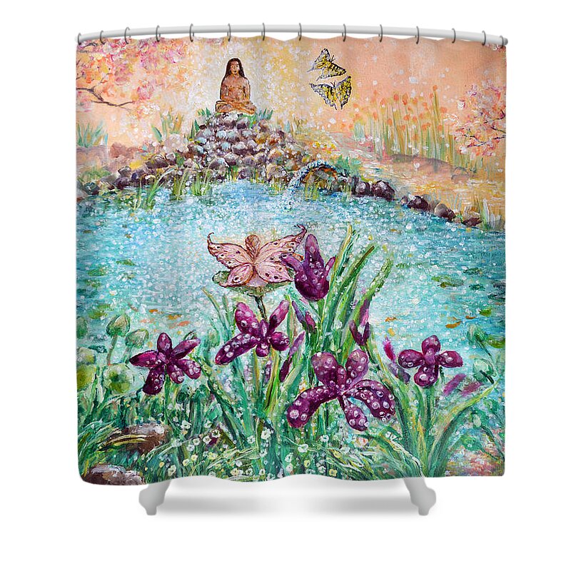 Nature Shower Curtain featuring the painting Babajis Pond by Ashleigh Dyan Bayer