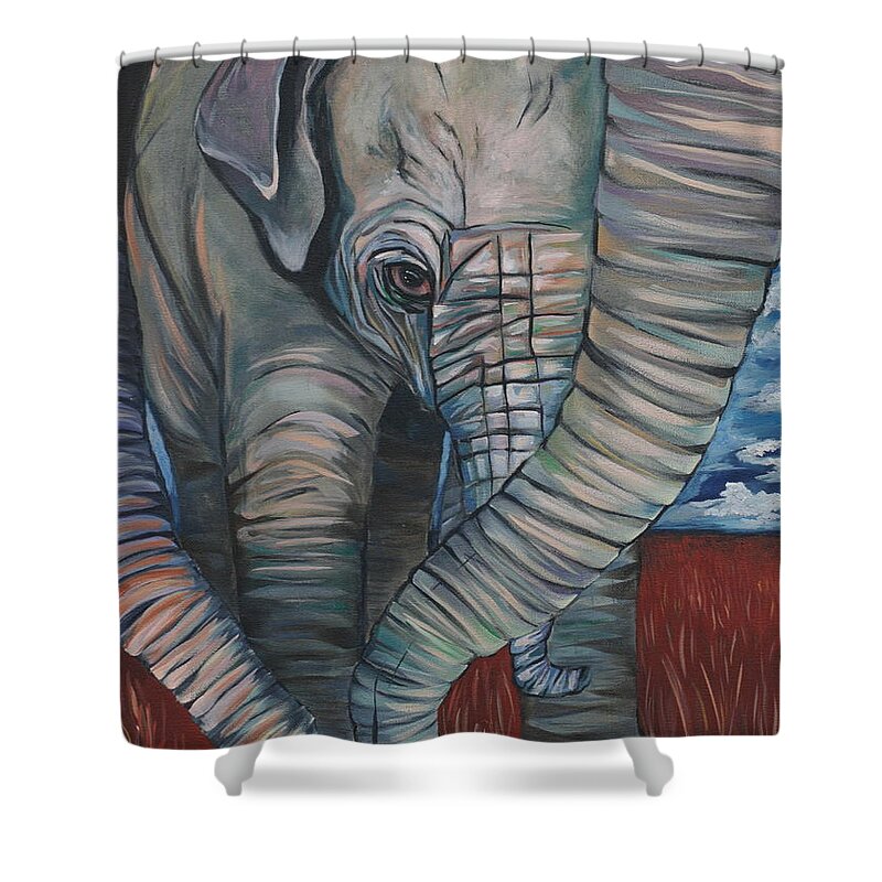 Baby Elephant Shower Curtain featuring the painting Baby Comfort by Aimee Vance