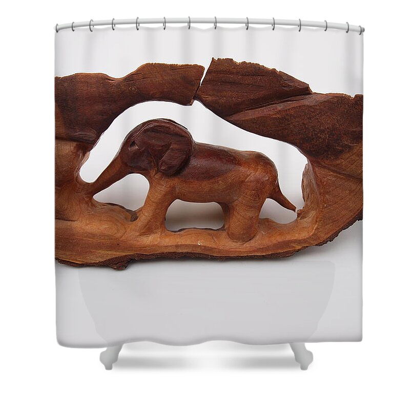 Elephants Shower Curtain featuring the sculpture Baby elephant stuck in a tree by Robert Margetts