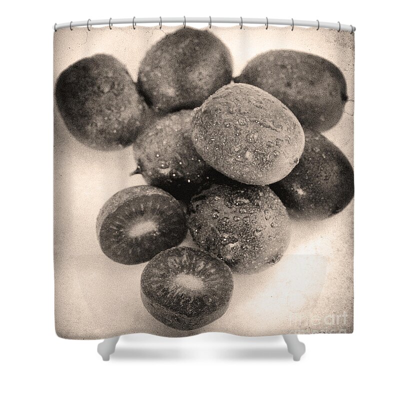 Food Shower Curtain featuring the photograph Baby Kiwi Distressed Sepia by Iris Richardson